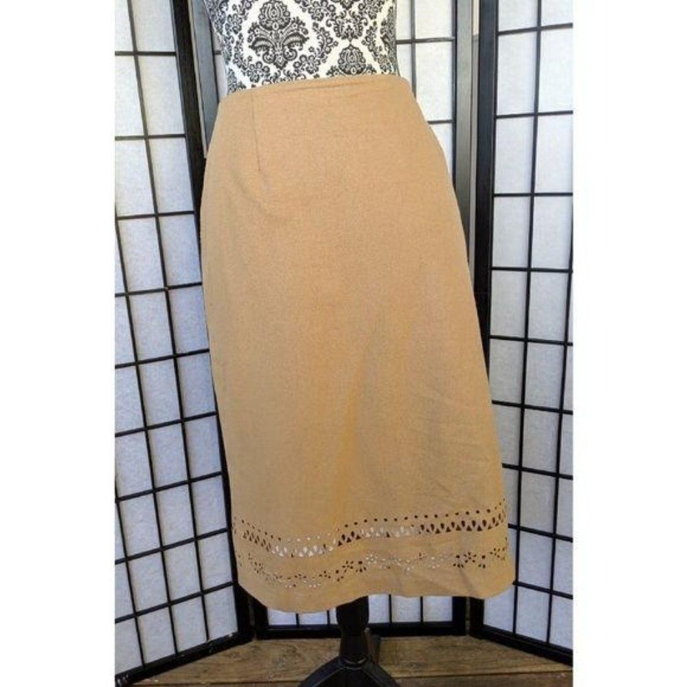 Tan Skirt Neiman Marcus 8 Bottom Cut Outs Wool